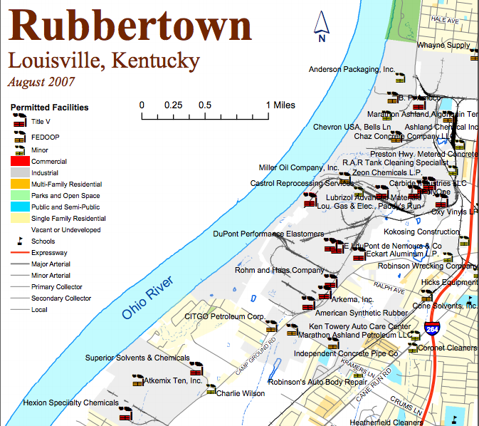 As pictured, Rubbertown makes up most of the West End neighborhood. Easy access to roads, rail lines, the Ohio River and raw materials leads the federal government to select Louisville for several plants to produce synthetic rubber for World War II. The government either builds the plants or purchases them from their original owners, investing $92.4 million. (Photo courtesy of Louisville Metro Air Pollution Control District) 